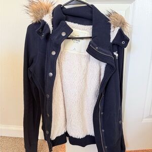 Abercrombie & Fitch Women's Navy Jacket with Faux Fur Hood
